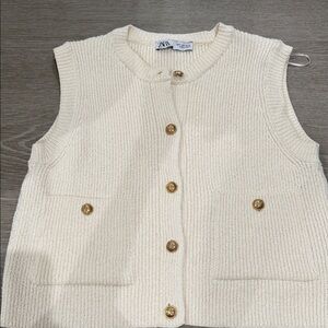 Zara Ivory Knit Vest with Gold Accents